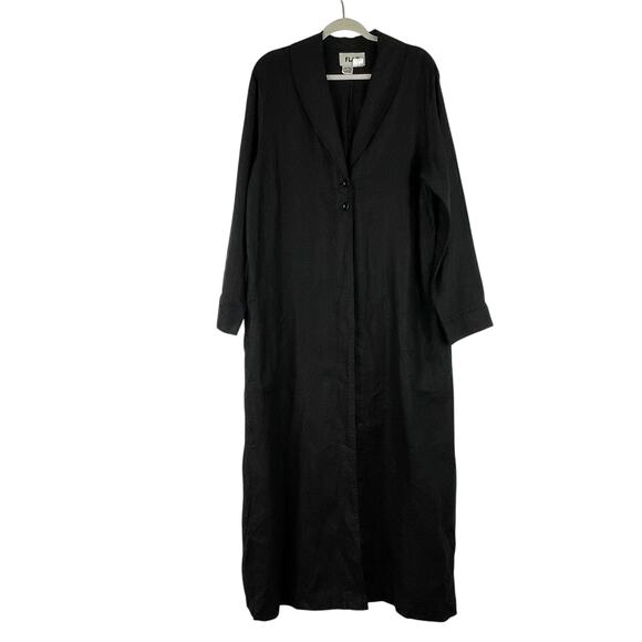 Flax Black Button Down Long Duster Coat Lightweight 100% Linen Large Oversized - Picture 1 of 13